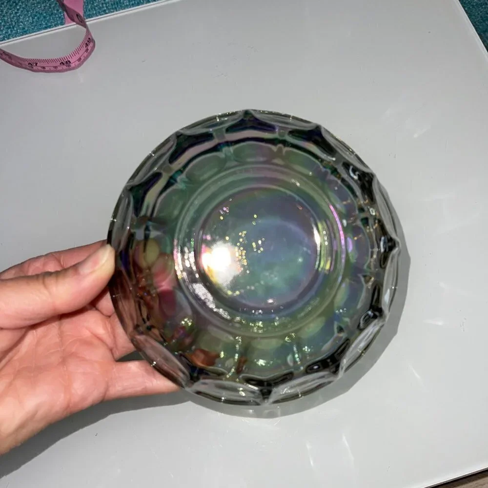 Vintage Carnival Glass Thumb Print Bowl Iridescent Gray Round Decorative